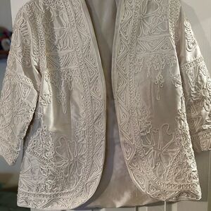 Marisa Baratelli Cream Embellished Open-Front Blazer 100% Thai Silk